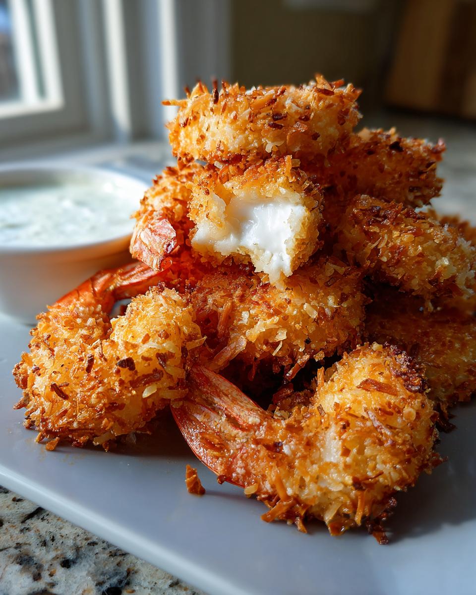 A close-up of a pile of golden-brown Copycat Red Lobster coconut shrimp, with one shrimp broken open to reveal the white interior.