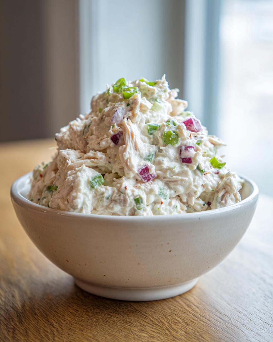 A generous mound of creamy cottage cheese chicken salad mixed with red onion and green onions in a white bowl.