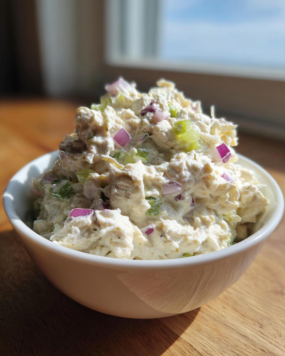 A white bowl overflowing with creamy cottage cheese chicken salad mixed with celery and red onion pieces.
