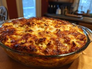 A freshly baked Crack Chicken Casserole with a golden-brown cheesy topping, served in a clear glass baking dish.