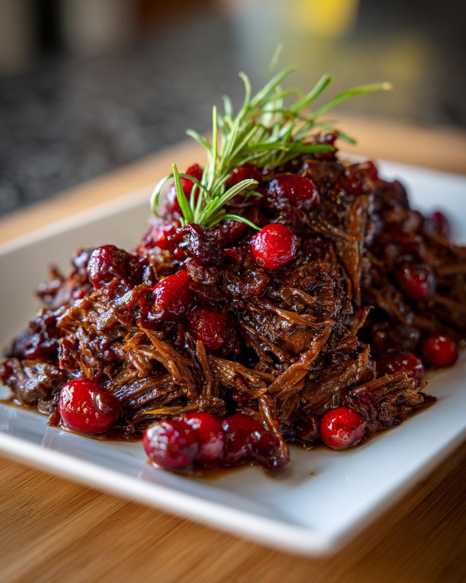 Close-up of shredded cranberry pot roast topped with whole cranberries and a sprig of rosemary.