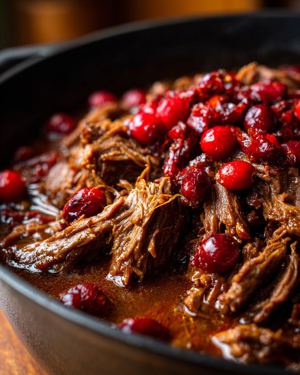 Close-up of a fork-tender cranberry pot roast in a dark skillet, glistening with rich sauce and whole cranberries.