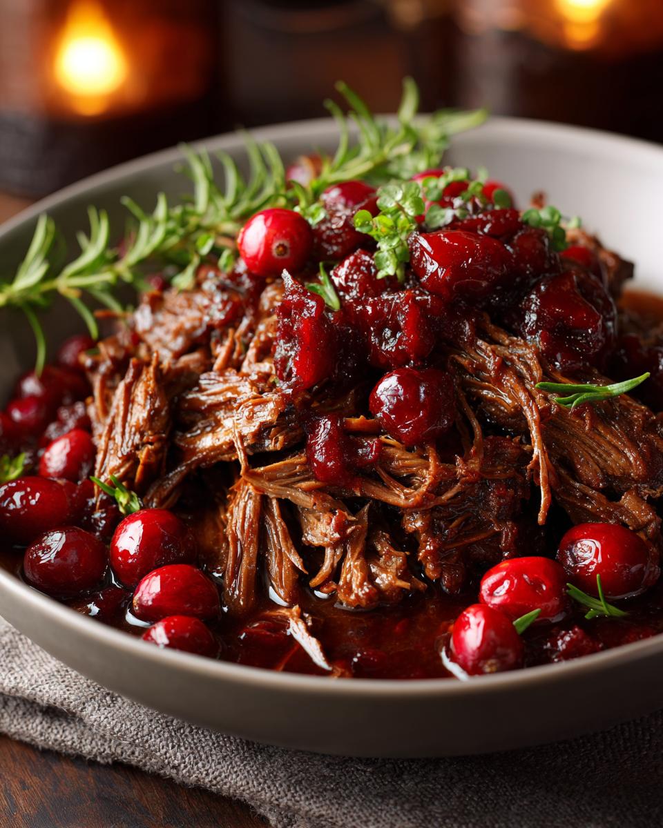 Close-up of a bowl of tender cranberry pot roast, topped with whole cranberries and rosemary.