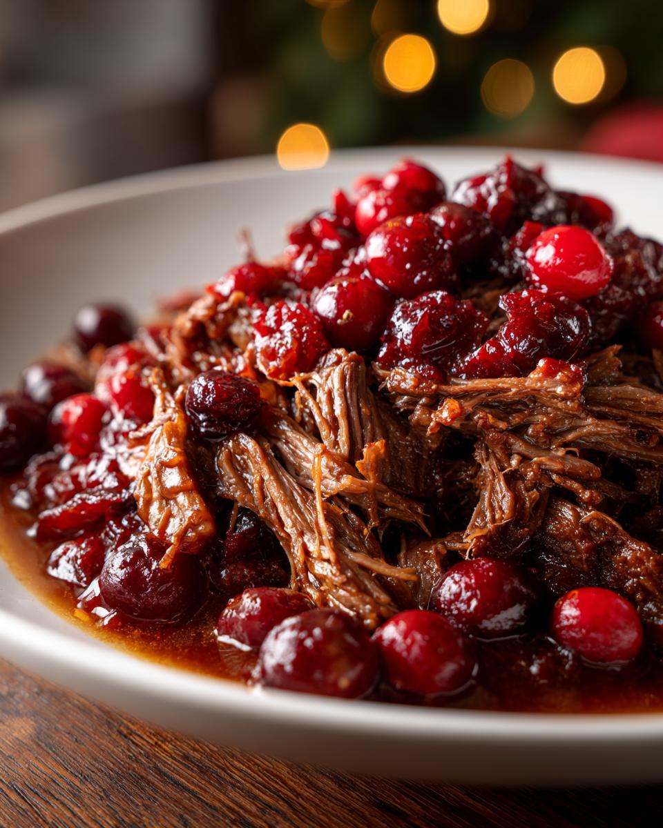 Close-up of a white bowl filled with shredded cranberry pot roast, topped with whole cranberries and rich sauce.