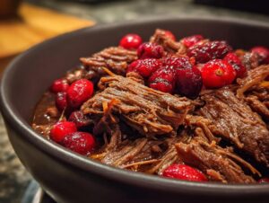 Close-up of shredded cranberry pot roast in a dark bowl, with whole cranberries scattered throughout.