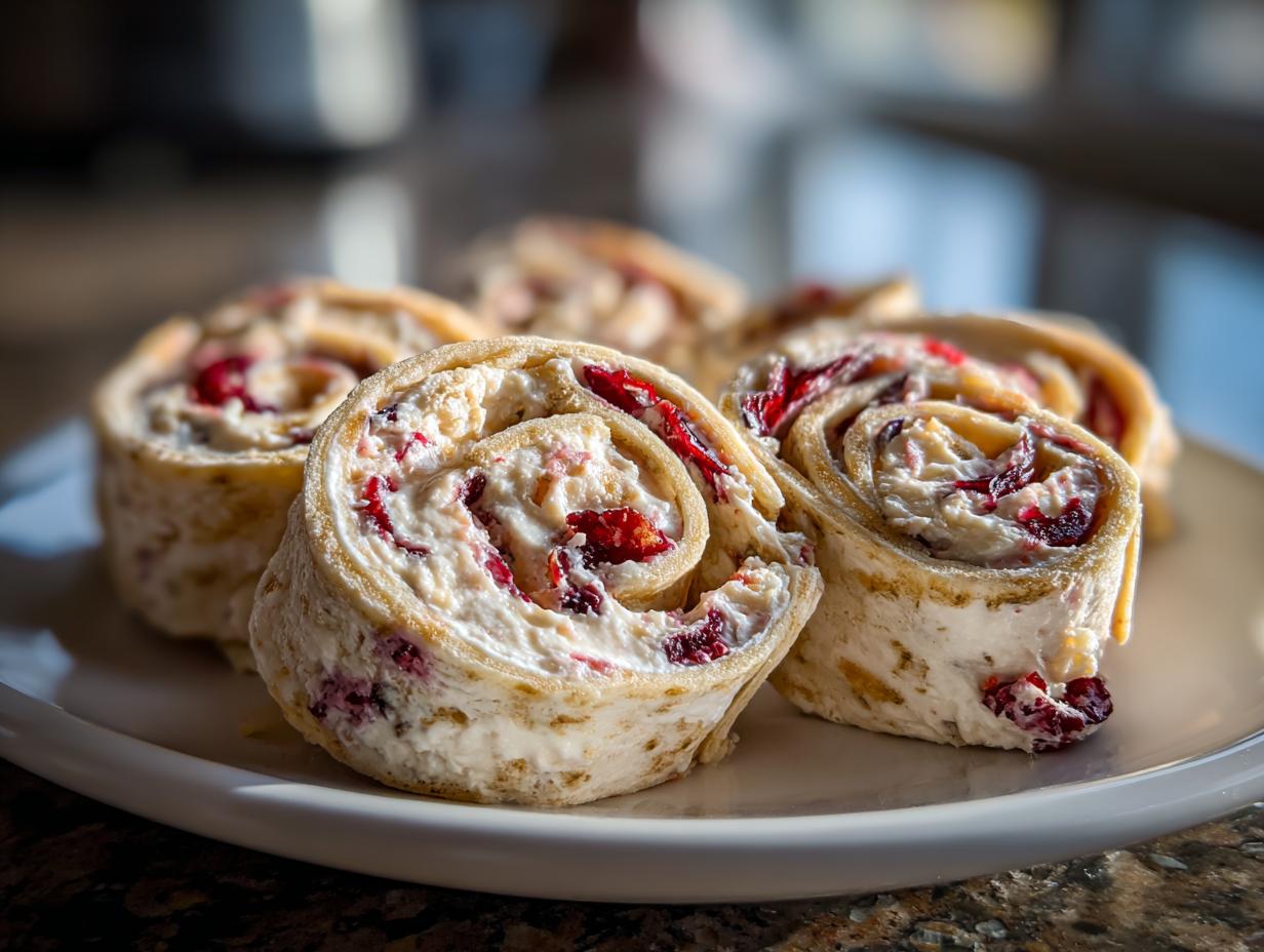 Close-up of delicious cranberry tortilla roll ups filled with cream cheese and cranberries, arranged on a white plate.