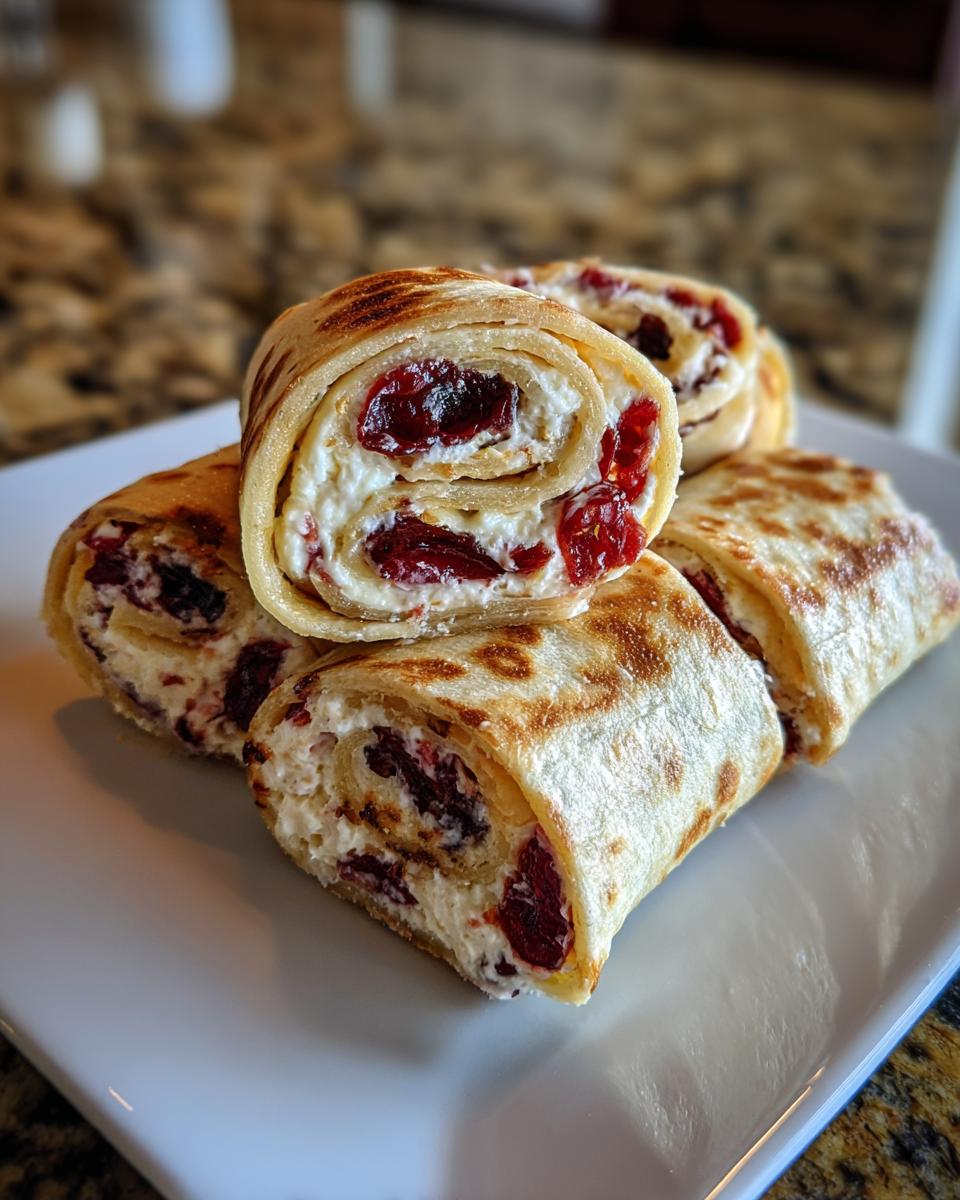 A close-up of several cranberry tortilla roll ups filled with cream cheese and dried cranberries on a white plate.