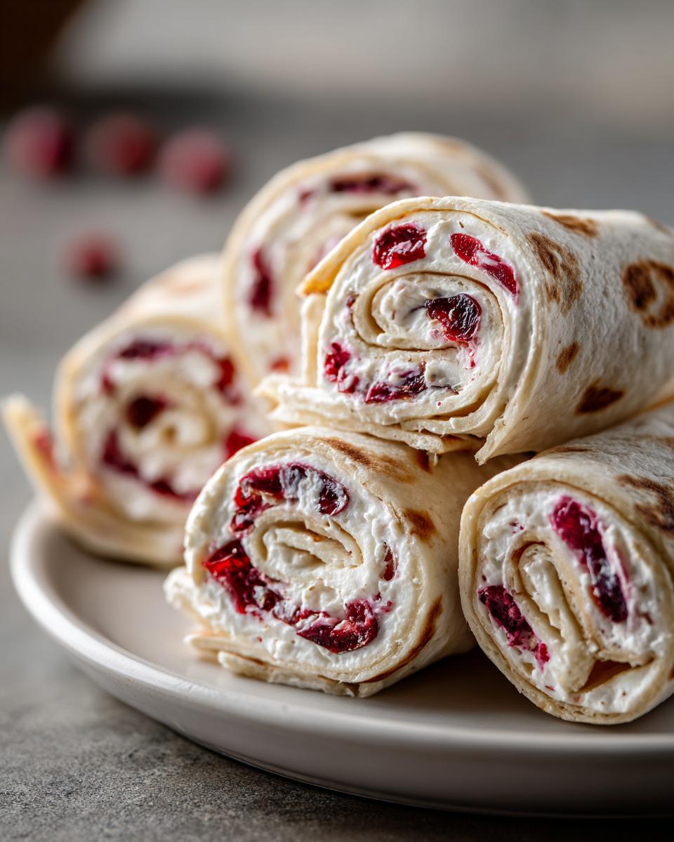 Close-up of delicious cranberry tortilla roll ups filled with cream cheese and cranberries.