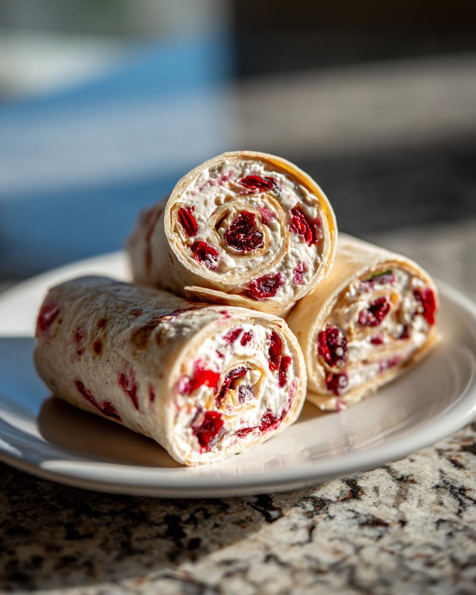Close-up of three cranberry tortilla roll ups filled with cream cheese and cranberries, served on a white plate.