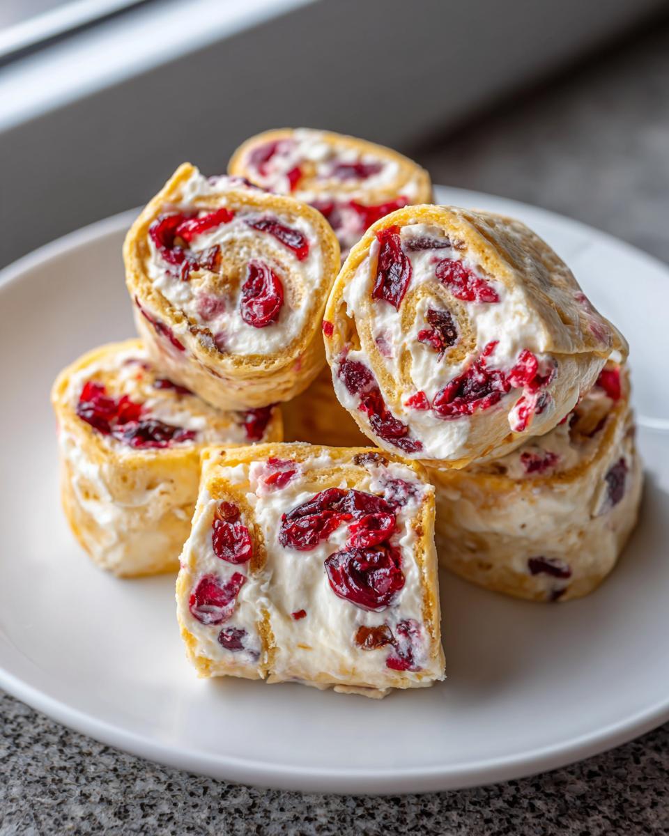 A stack of delicious cranberry tortilla roll ups filled with cream cheese and dried cranberries.