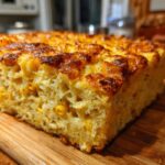 A close-up, cross-section view of a rich, baked cream cheese corn casserole with a deeply browned, cheesy top.