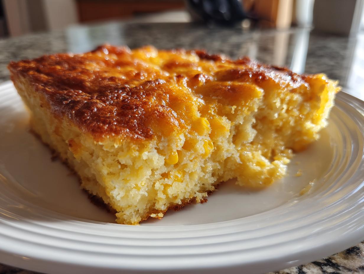 A close-up of a moist slice of cream cheese corn casserole showing a golden-brown, slightly caramelized top.