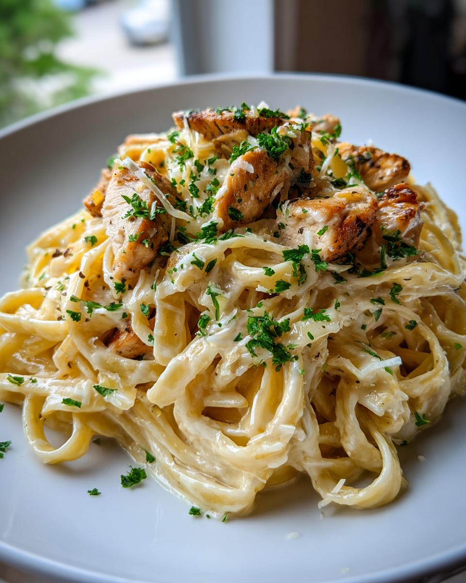 A close-up of creamy chicken alfredo pasta topped with grilled chicken pieces and fresh parsley.