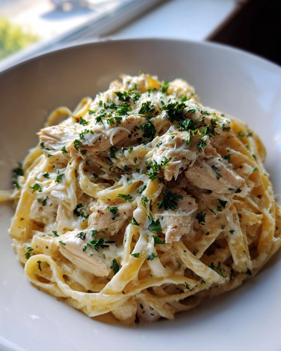 Close-up of creamy chicken alfredo pasta topped with shredded cheese and fresh chopped parsley.