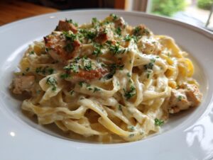 A close-up of creamy chicken alfredo pasta served on a white plate, garnished with fresh parsley.