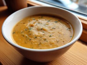 Close-up of a bowl of creamy, orange-hued chickpea soup garnished with green herbs.