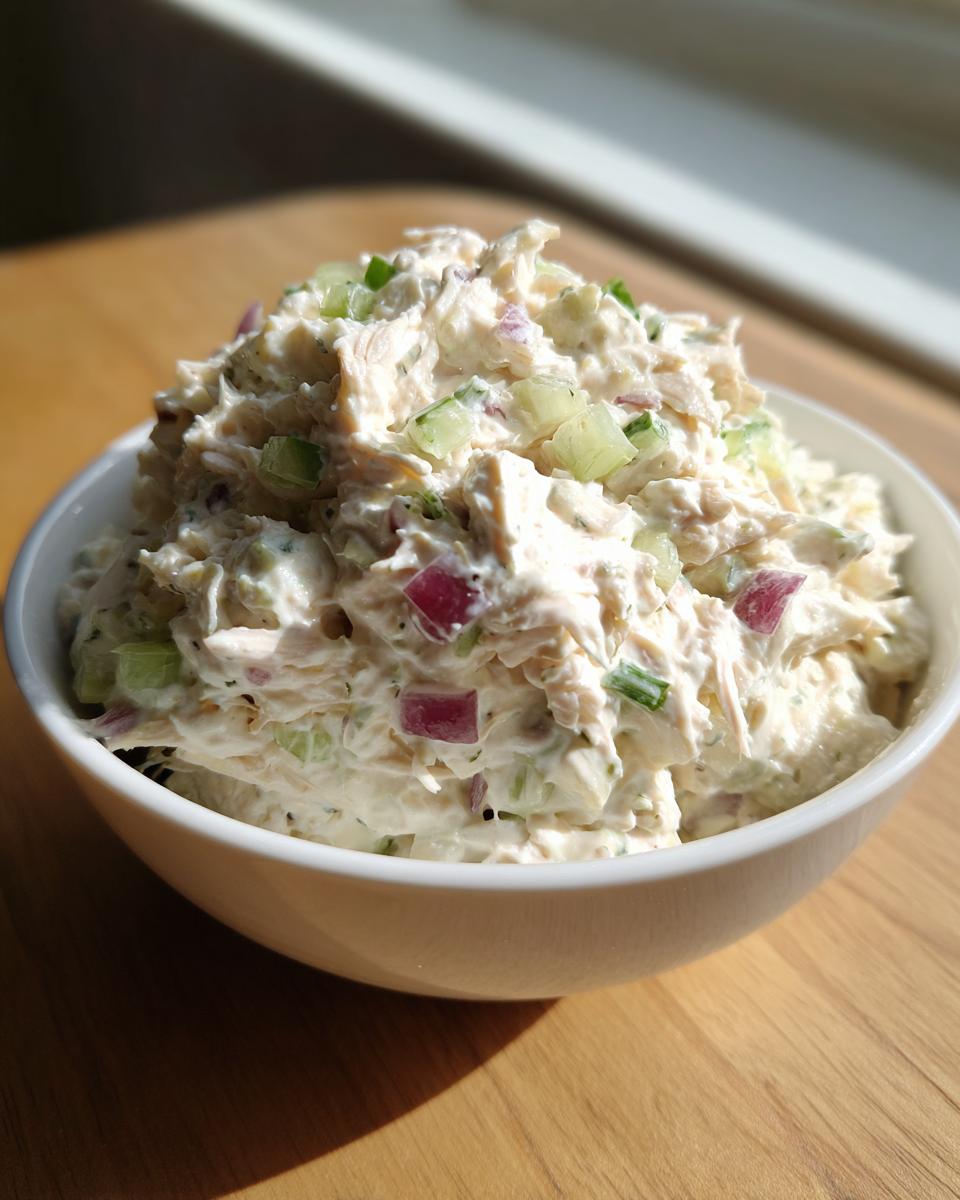 A white bowl filled high with creamy cottage cheese chicken salad mixed with visible chunks of red onion and cucumber.