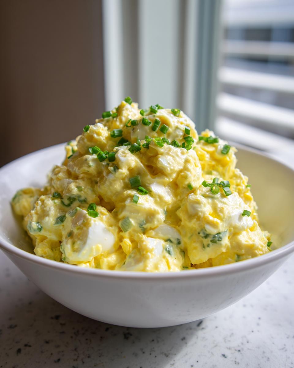 A generous serving of creamy, yellow egg salad topped with freshly chopped green chives in a white bowl.