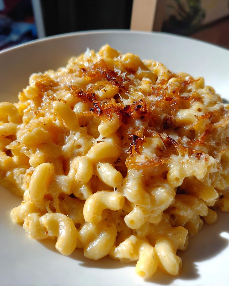 Close-up of creamy french onion pasta made with elbow macaroni, melted cheese, and topped with crispy caramelized onions.