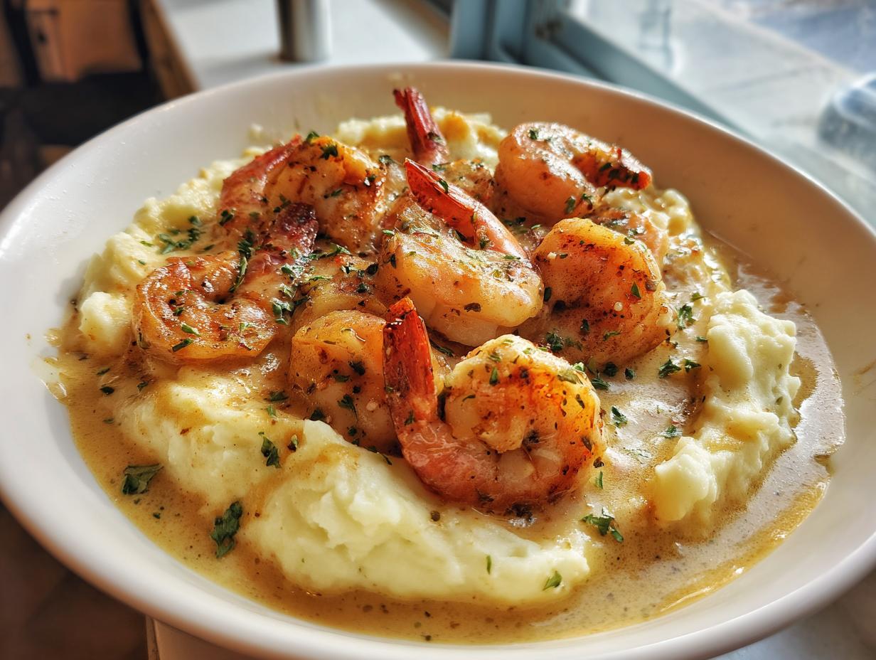A close-up of creamy garlic shrimp served over fluffy mashed potatoes, garnished with parsley.
