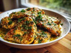 Plated serving of creamy lemon chicken breasts smothered in a rich, buttery sauce and topped with fresh parsley.
