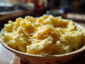 A close-up of a bowl filled with fluffy, creamy mashed potatoes topped with melted butter.