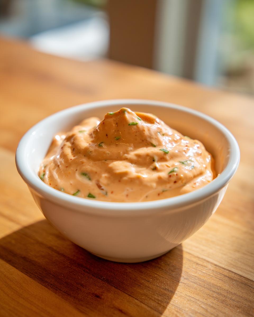 A small white bowl filled with thick, creamy, orange-hued remoulade sauce, garnished with green herbs.