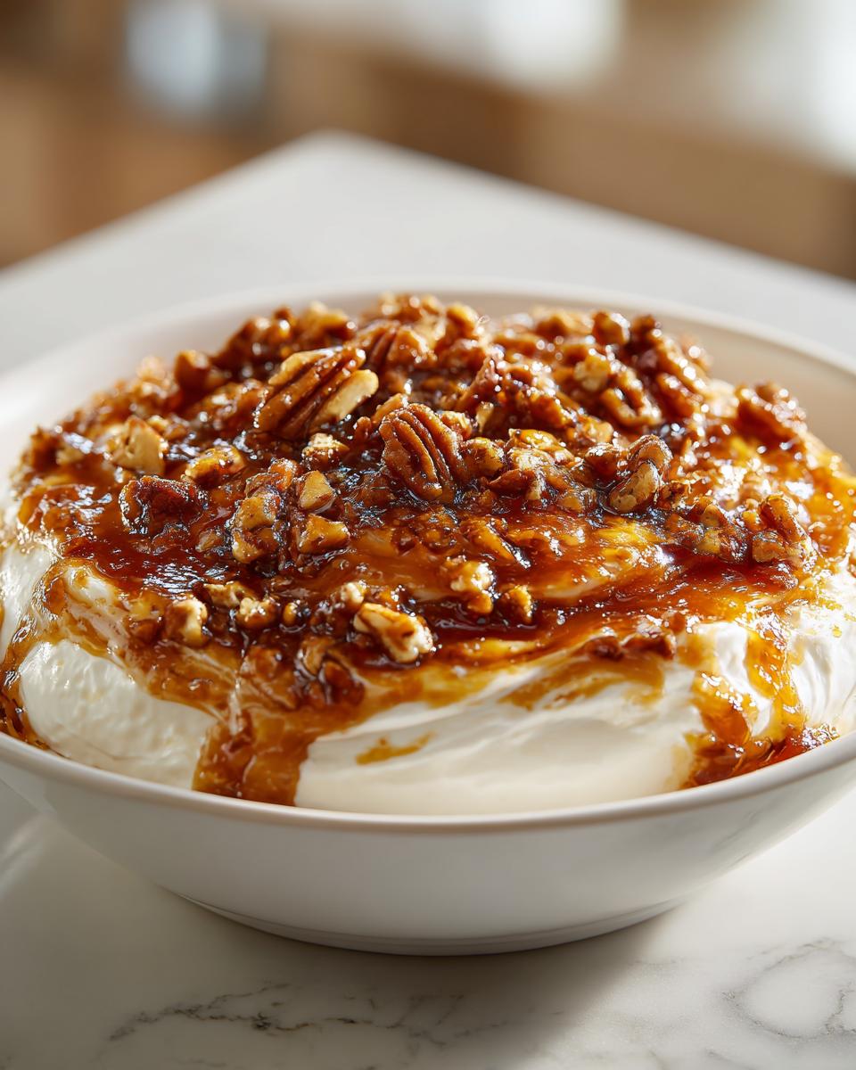 A bowl of creamy pecan pie dip generously topped with gooey caramel sauce and chopped pecans.
