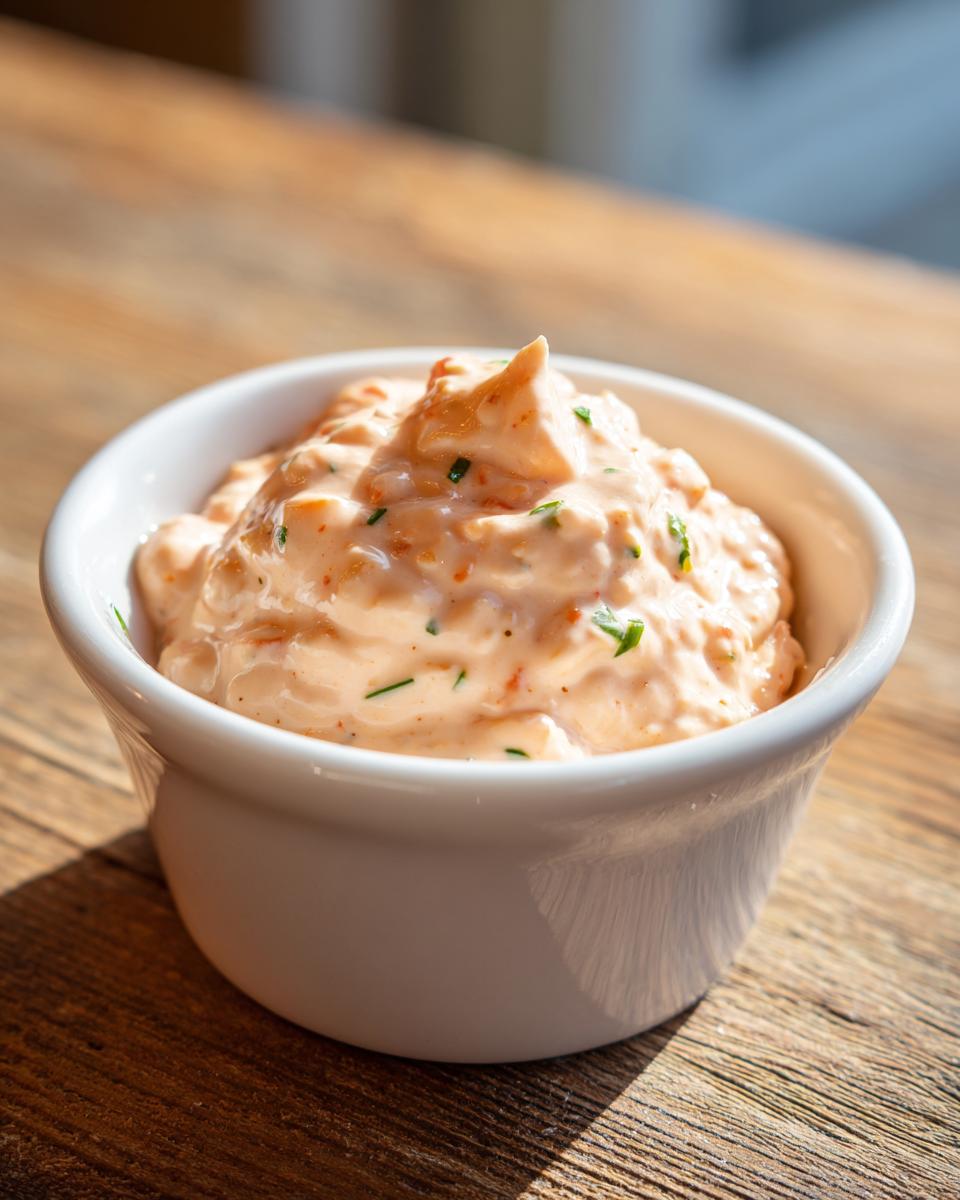 A small white ramekin filled with thick, creamy remoulade sauce speckled with herbs and spices, sitting on a wooden table.