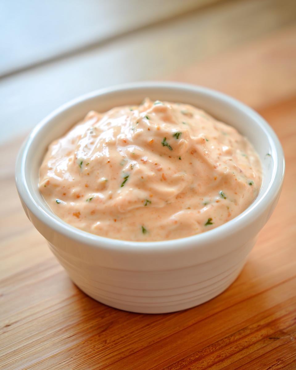 A small white bowl filled with thick, creamy, orange-tinted remoulade sauce speckled with green herbs.