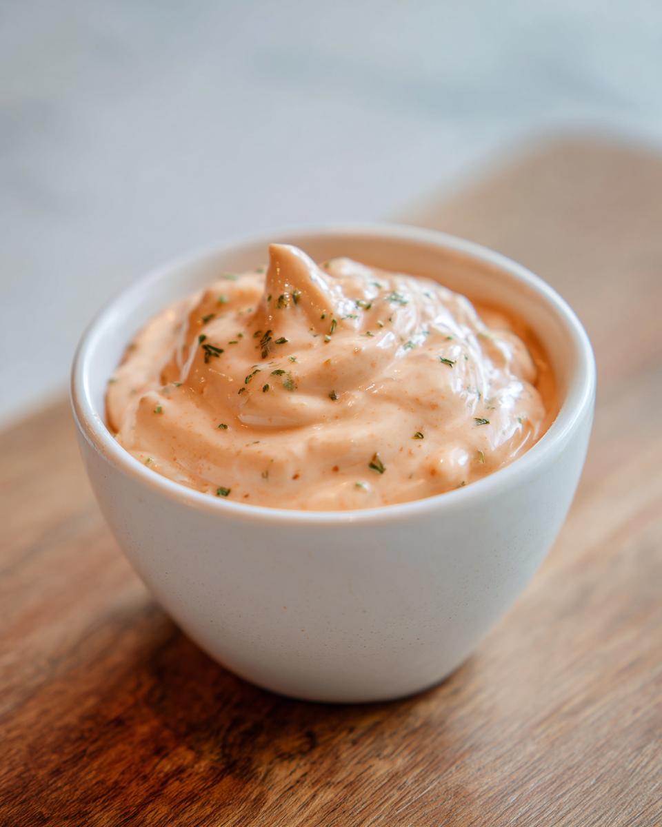 A close-up of thick, orange-hued remoulade sauce topped with green herbs in a small white bowl.