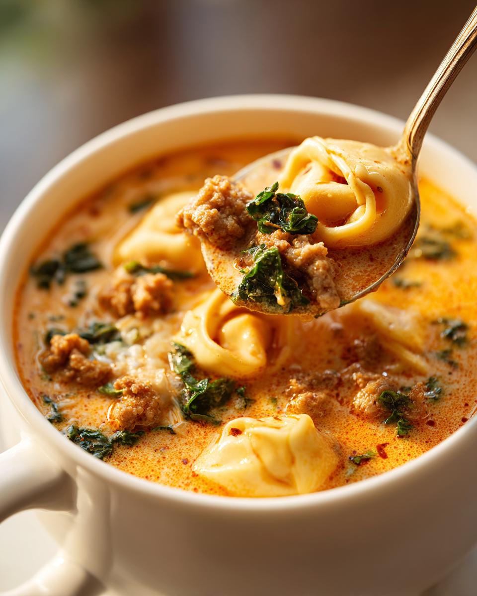 A spoonful lifting creamy sausage tortellini soup, showing tortellini, ground sausage, and spinach.