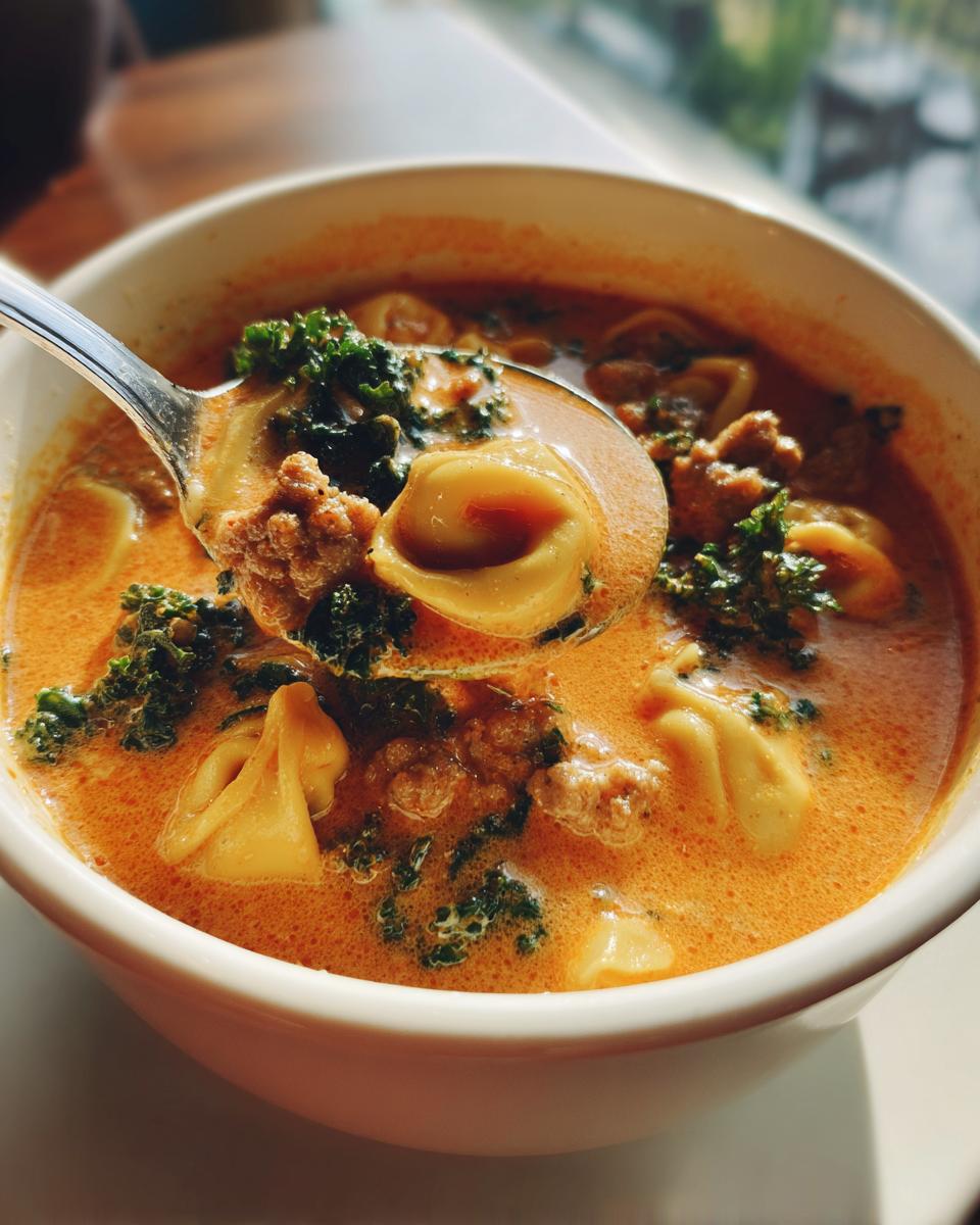 A spoonful of creamy sausage tortellini soup, showing tortellini, sausage, and kale in a rich orange broth.