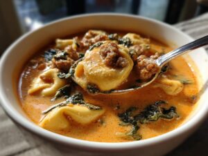Close-up of a spoonful being lifted from a bowl of creamy sausage tortellini soup with spinach.