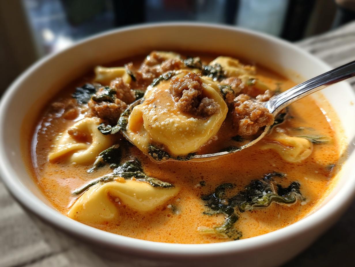 Close-up of a spoonful being lifted from a bowl of creamy sausage tortellini soup with spinach.