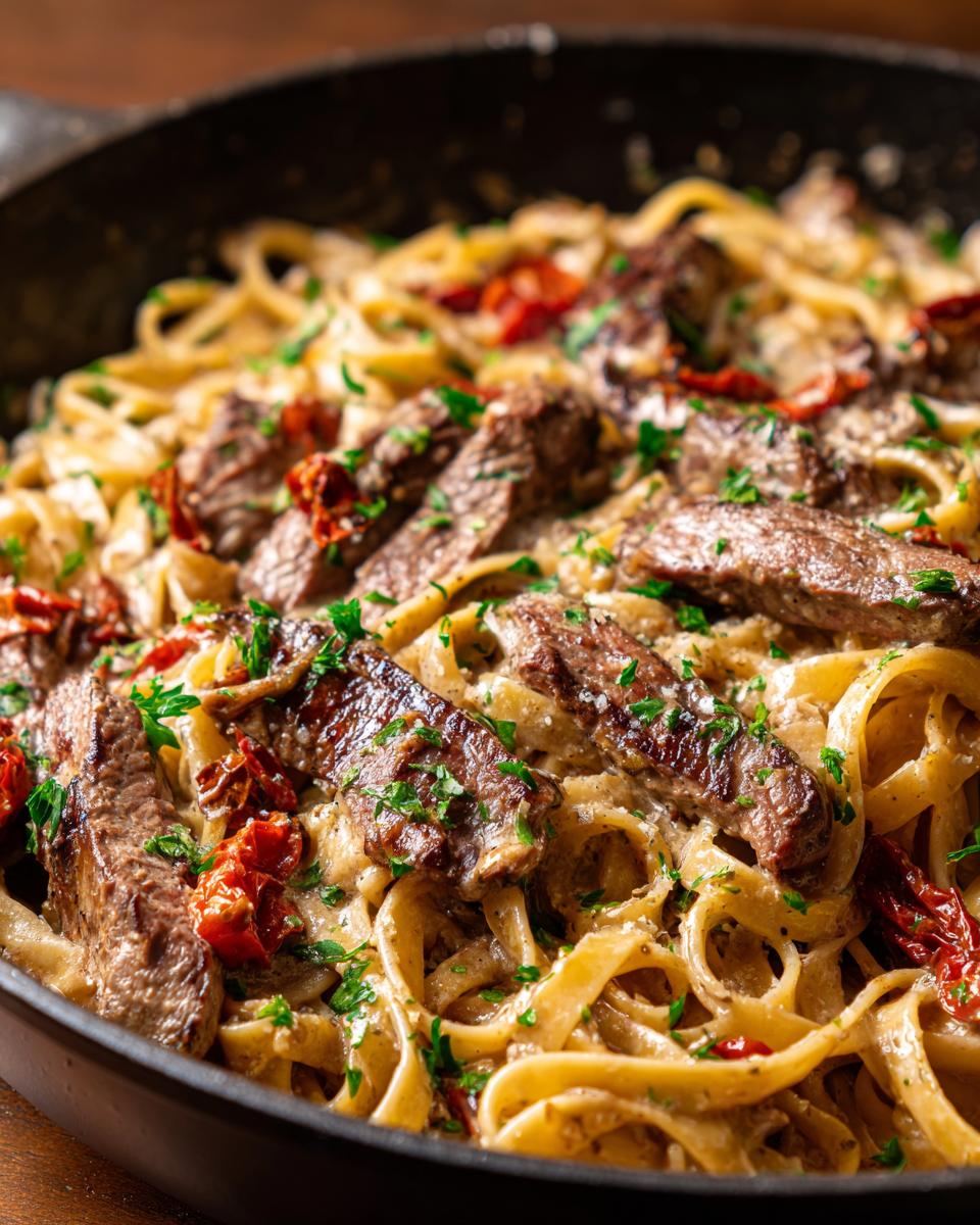 Close-up of a skillet filled with creamy steak pasta, featuring tender steak slices, fettuccine, sun-dried tomatoes, and parsley.