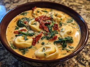 A close-up view of a rich, creamy tortellini soup featuring cheese tortellini, wilted spinach, and sun-dried tomatoes.