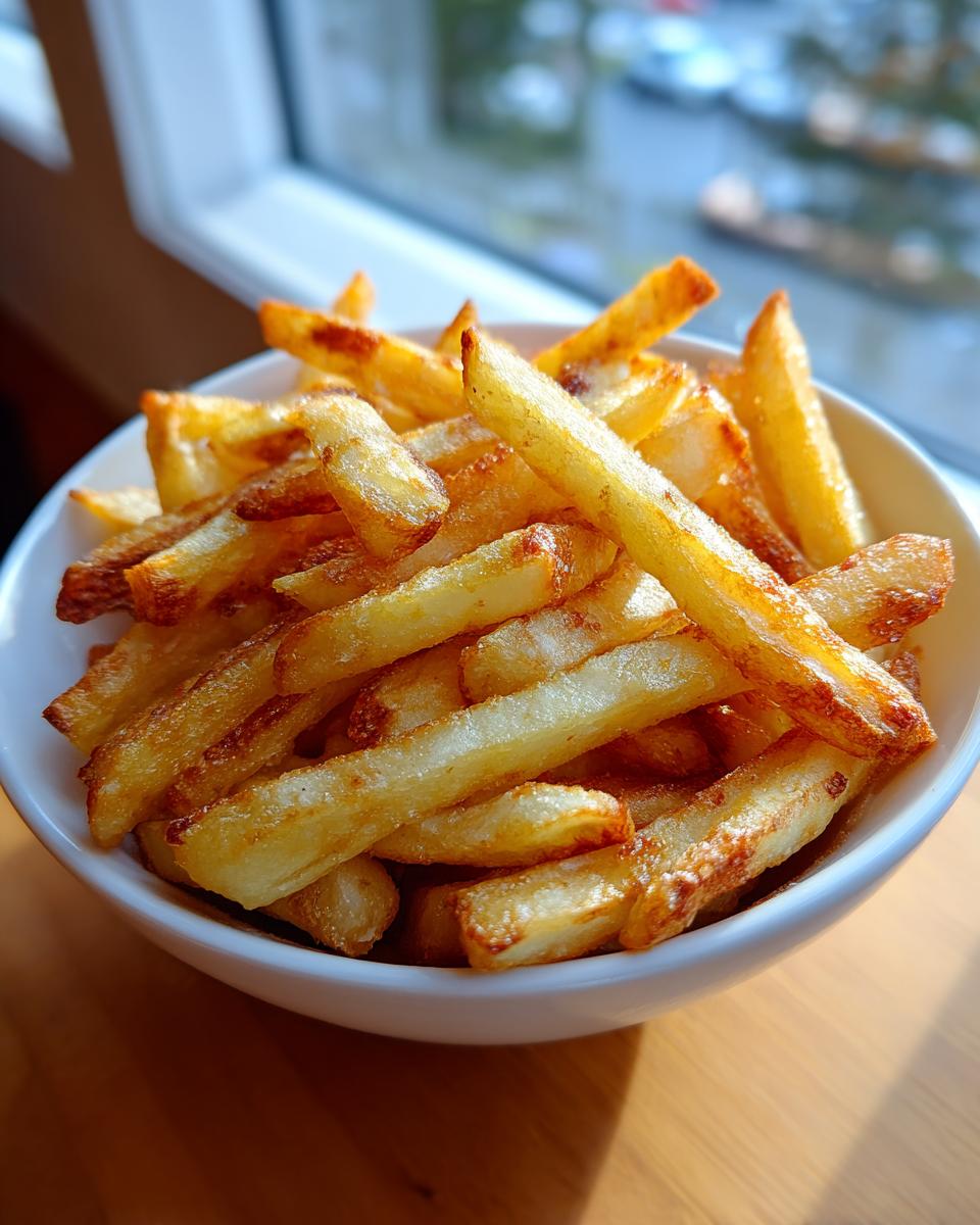 Close-up of golden, crispy air fryer french fries piled high in a small white bowl, lit by natural window light.