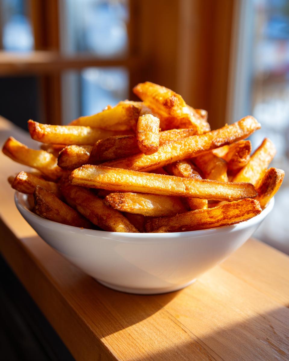 A white bowl overflowing with golden brown, crispy air fryer french fries sitting on a wooden surface.