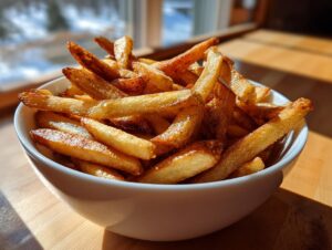 A close-up of golden, crispy air fryer french fries piled high in a white bowl, illuminated by sunlight.