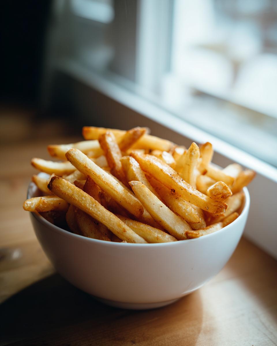 A white bowl filled with golden, crispy air fryer french fries sitting on a wooden surface near a window.