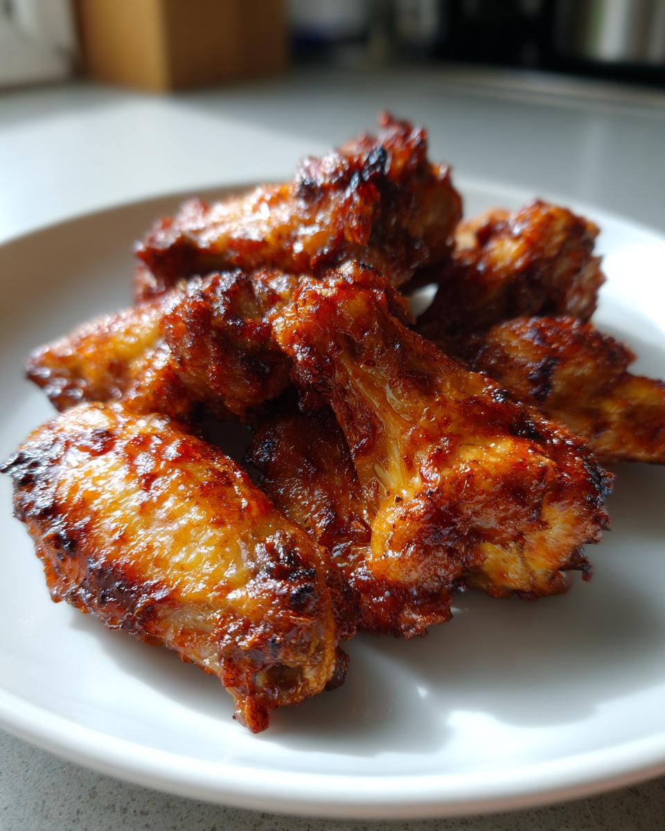 Close-up of several golden-brown, glossy, and crispy baked chicken wings piled on a white plate.