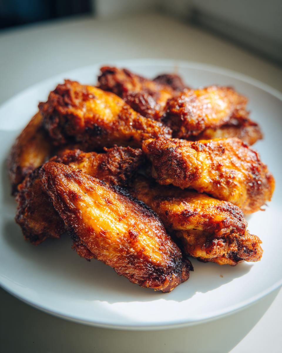 Close-up of several golden brown, crispy baked chicken wings piled on a white plate.
