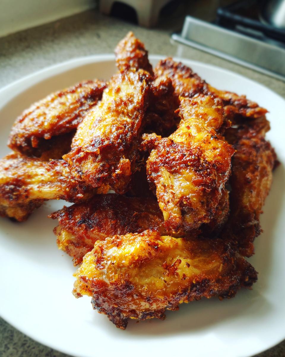 A close-up of several golden brown, very crispy baked chicken wings piled on a white plate.