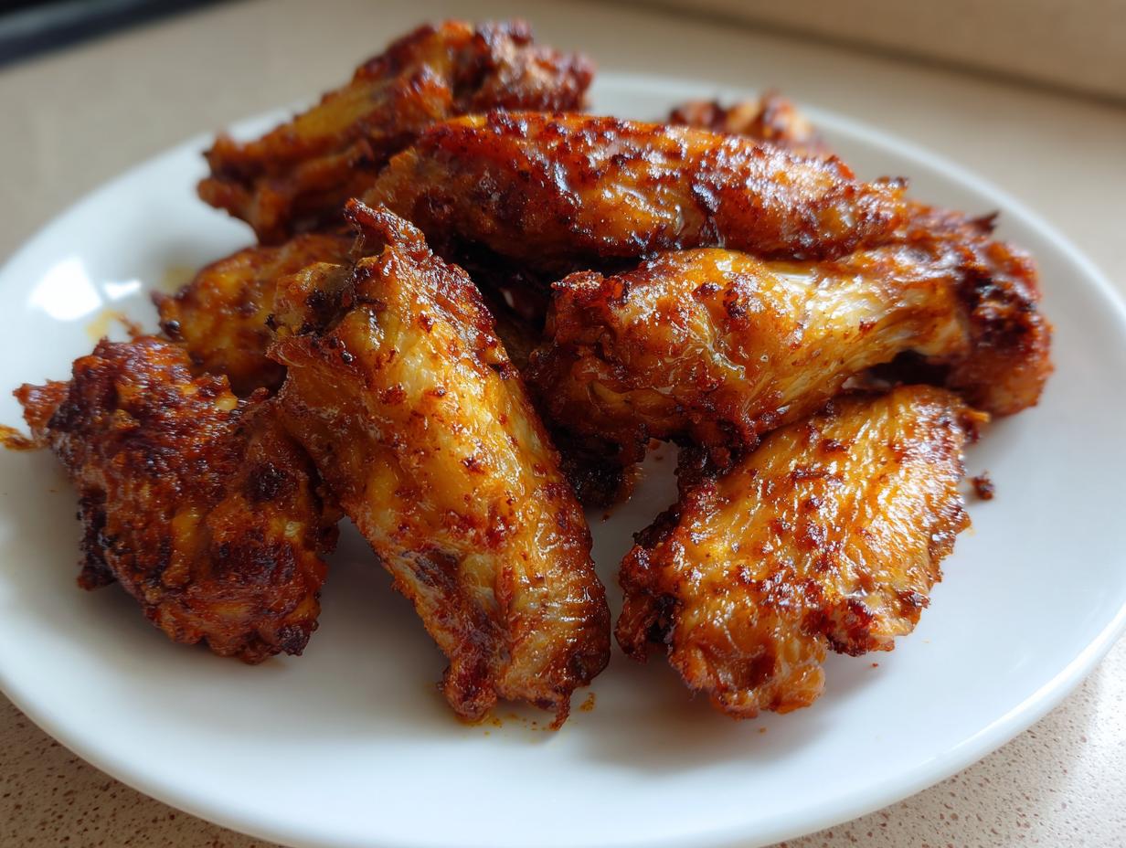 A close-up of several golden brown, crispy baked chicken wings piled on a white plate.