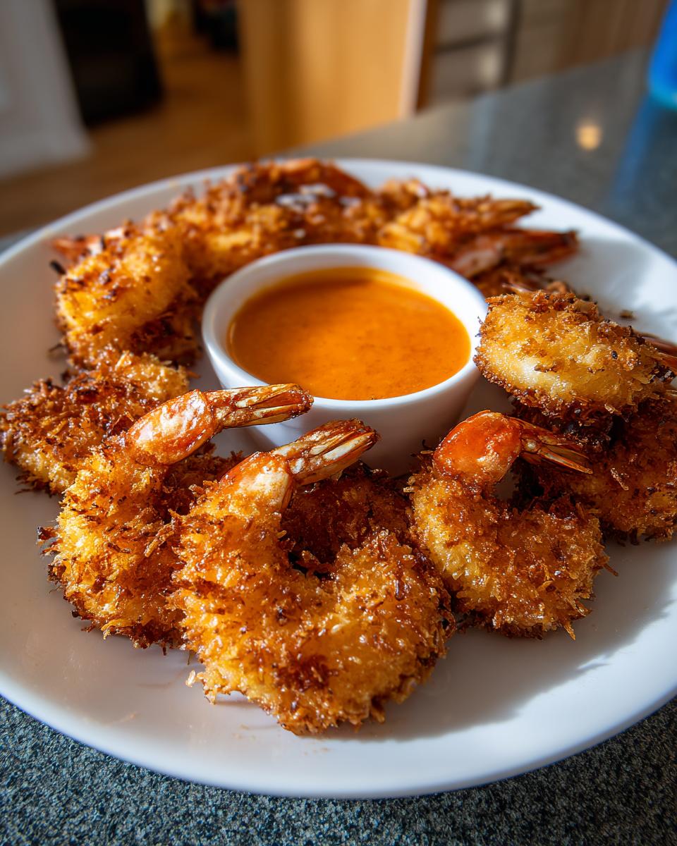 A plate of golden brown, crispy coconut shrimp arranged around a small white bowl of bright orange dipping sauce.