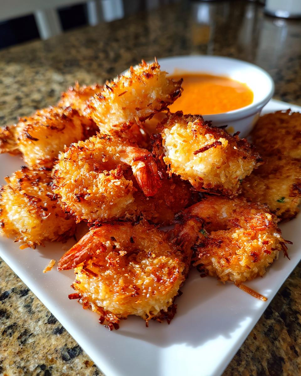 A plate piled high with golden brown, crispy coconut shrimp served with a small bowl of orange dipping sauce.