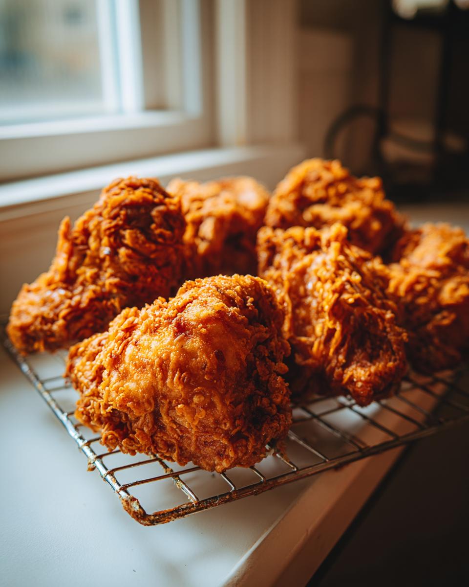 Several pieces of golden-brown, crispy fried chicken resting on a wire cooling rack near a window.