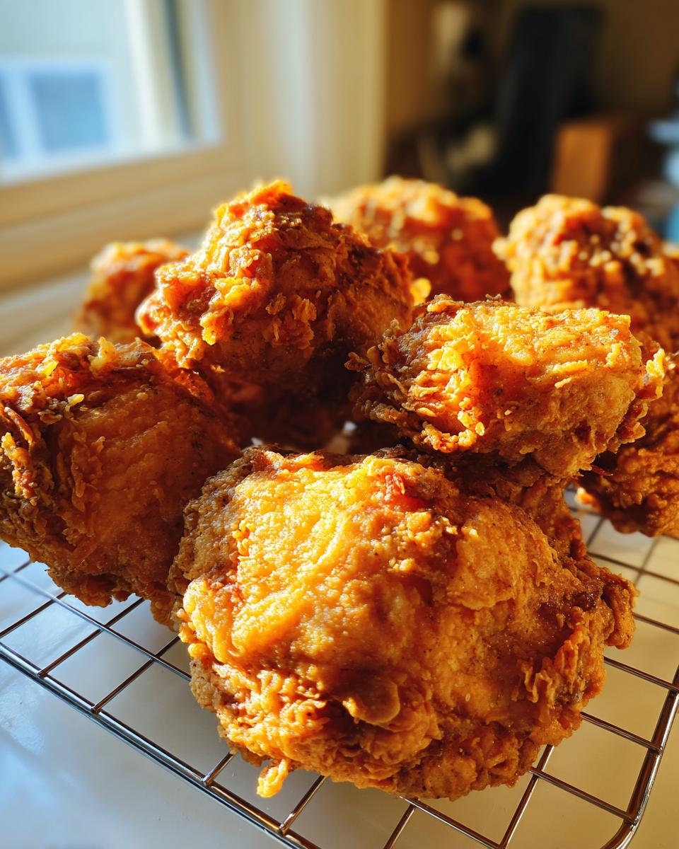 Close-up of golden brown, crispy fried chicken pieces resting on a wire cooling rack, highlighting the crunchy texture.