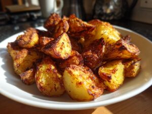 Close-up of perfectly crispy, golden-brown oven roasted potatoes piled high on a white plate.